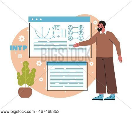 Mbti Person Type Concept. Intp Personality. Young Male Scientist Conducts Research Or Calculations. 