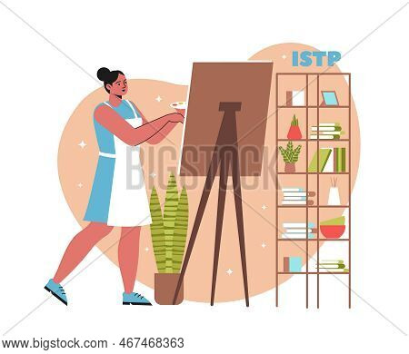 Mbti Person Type Concept. Istp Personality. Young Girl Artist Draws On Canvas. Creative Thought Proc