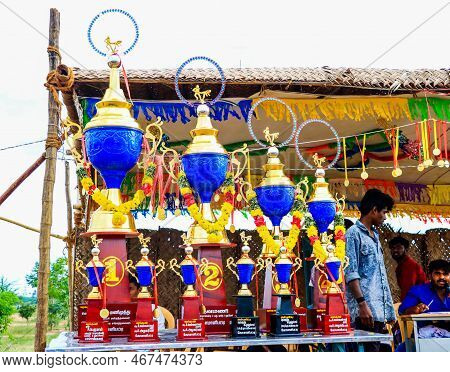 Tamilnadu,india,21th Dece,ber 2022 : Set Of Big And Small Gold Plated Cup Trophies In Order At Villa