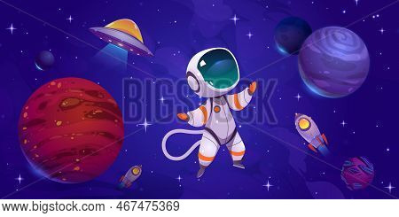 Cartoon Astronaut In Outer Space. Vector Illustration Of Cosmonaut Character Wearing Spacesuit, Helm