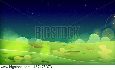 Green Alien Planet Surface With Craters And Toxic Smoke. Cartoon Vector Illustration Of Uninhabited 