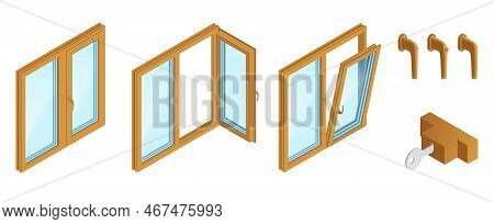Double Casements Wooden Windows With Accessories Isometric Set On White Background Isolated Vector I