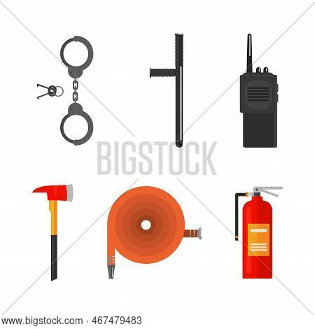 Police And Firefighting Equipment With Handcuffs, Baton, Walkie Talkie, Axe, Hose And Fire Extinguis