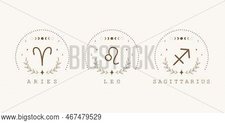 Aries, Leo, Sagittarius. Fire Zodiac Signs In Boho Style. Astrological Icons On White Background. My