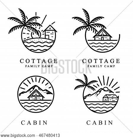 Set Bundle Cabin Cottage With Palm Tree Logo Vector Illustration Design Line Art Style