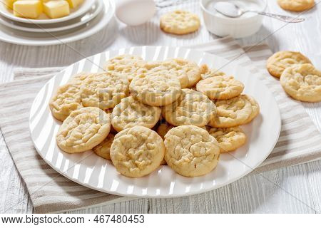 Amish Sugar Cookies, Traditional Shortbread Sweet Cookies On White Plate On White Wood Table With In