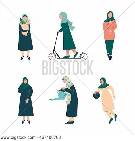 Muslim Woman In In Everyday Life Set. Arabic Women Shopping, Riding Kick Scooter, Gardening Cartoon 