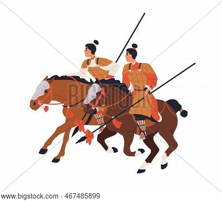 Chinese Historical Horse Warriors. Military Asian Horsemen Armored With Spears, Riding Horseback. An