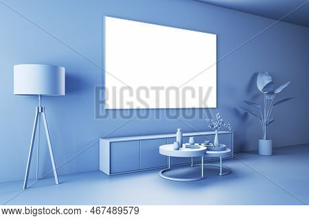 Perspective View On Blank White Screen With Space For Your Logo Or Text On Blue Wall Background In S
