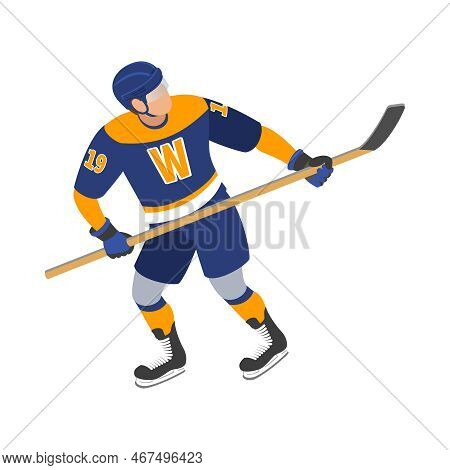 Ice Hockey Isometric Composition With Isolated Human Character In Uniform On Blank Background Vector