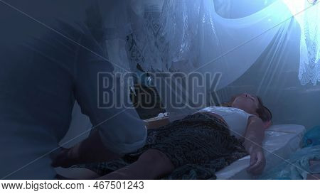 Male Masseur Massages The Legs In A Beautiful White Ornamrental Tent.