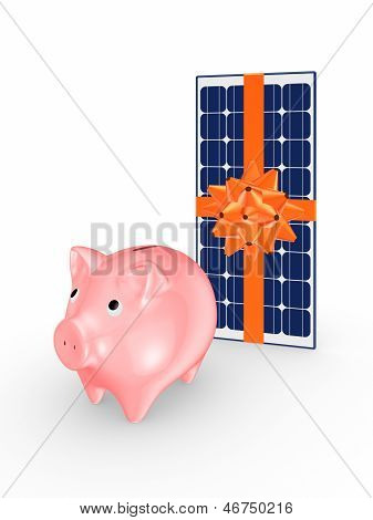 Růžové prasátko bank a solární baterie.