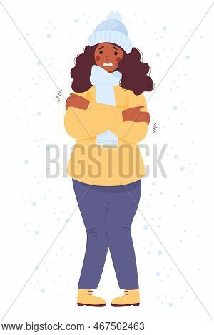 Woman Ethnic Black Freezing Wearing Winter Clothes Shivering Under Snow. Cartoon Flat Vector Illustr