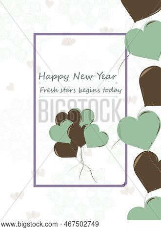 Vector Illustration Of Happy New Year Greeting Card. Eton Blue And Cafe Coir Color Heart Shape Ballo