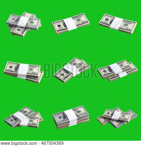Big Set Of Bundles Of Us Dollar Bills Isolated On Chroma Key Green. Collage With Many Packs Of Ameri
