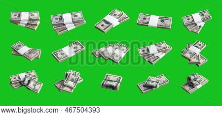 Big Set Of Bundles Of Us Dollar Bills Isolated On Chroma Key Green. Collage With Many Packs Of Ameri