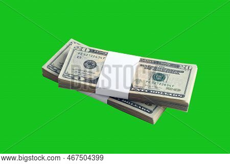 Bundle Of Us Dollar Bills Isolated On Chroma Keyer Green. Pack Of American Money With High Resolutio