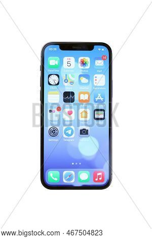 Kharkiv, Ukraine - January 27, 2021: Apple Iphone 12 Pro New Brand Model Smartphone With Ios Base On