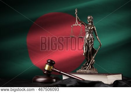 Bangladesh Flag With Statue Of Lady Justice, Constitution And Judge Hammer On Black Drapery. Concept