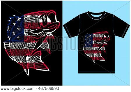 Usa Flag T-shirt Design. American Flag Fishing T-shirt Design. T-shirt Template. Eps Fishing Shirt.