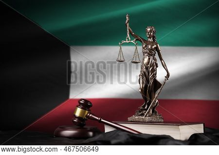 Kuwait Flag With Statue Of Lady Justice, Constitution And Judge Hammer On Black Drapery. Concept Of 