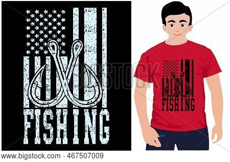 Usa Flag With Fishing T-shirt Design. T-shirt Gift For Fishing Lovers. American Flag Vector Fishing 