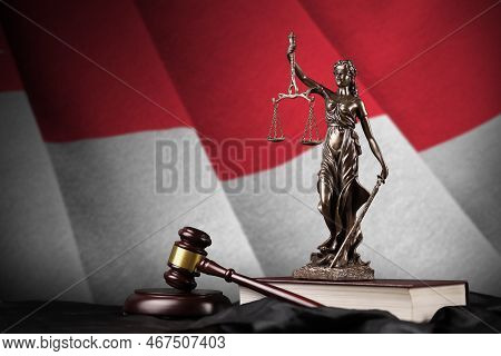 Singapore Flag With Statue Of Lady Justice, Constitution And Judge Hammer On Black Drapery. Concept 