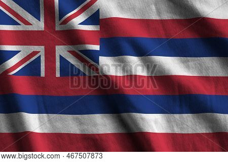 Hawaii Us State Flag With Big Folds Waving Close Up Under The Studio Light Indoors. The Official Sym