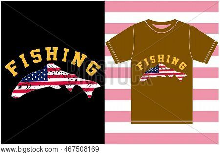 Usa Flag With Fishing T-shirt Design. T-shirt Gift For Fishing Lovers. American Flag Vector Fishing 