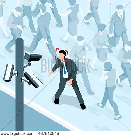 Isometric Public Security Composition Of Street Scenery With Walking People And Person Having His Fa
