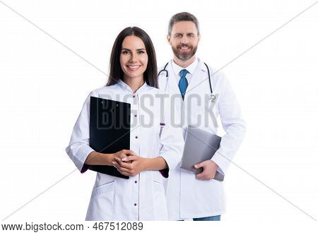 Selective Focus Of Doctor And Internist Isolated On White Background. Doctor With Internist