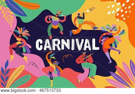 Happy Carnival, Brazil, South America Carnival With Samba Dancers And Musicians. Festival And Circus
