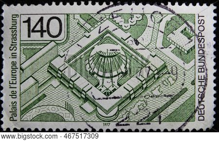Istanbul, Turkey - December 26, 2020: German Stamp Shows Palais De Leurope, Strasbourg Circa 1977