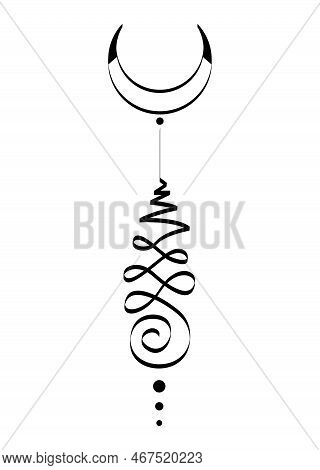 Unalome Crescent Moon Symbol, Hindu Or Buddhist Sign Representing Path To Enlightenment. Hand Drawn 