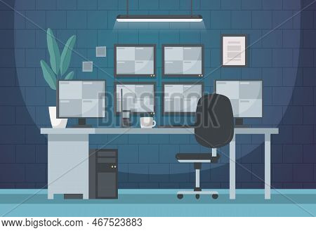 Security Guard Agency Service Cartoon Composition With View Of Indoor Workplace Of Cctv Operator Wit