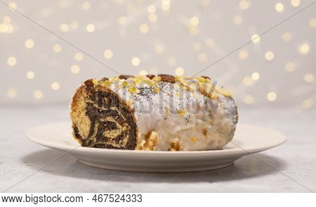 Christmas Polish Strudel Makowiec With Poppy Seeds, Traditional Polish Festive Cake Covered With Sug