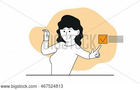 Woman Completed The Task Vector Concept Illustration. Business Work Success And Character Goal. Busi
