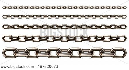 Realistic Brown Metal Chain With Old Rusty Links Isolated On White Background. Heavy Steel Chain For