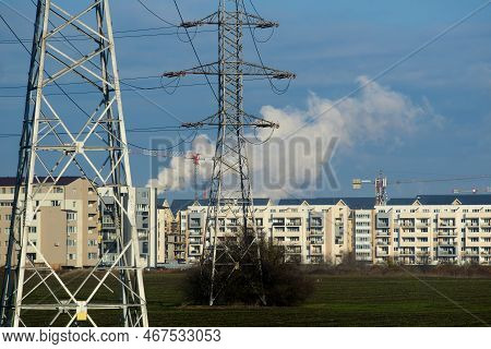 Bucharest, Romania - December 13, 2022: Chimney Of Bucharest Cet Sud Power Plant Pollute With Smoke 
