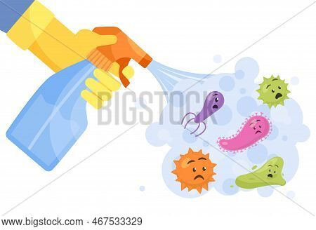 Spray Kills Bacteria. Hand Holds Cleaning Agent And Cleans Room. Prevention And Health Care. Poster 
