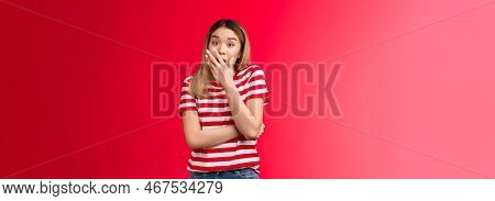 Shocked Asian Blond Girl Feel Empathy Hear Shocking News Gasping, Woman Drop Jaw Cover Opened Mouth 