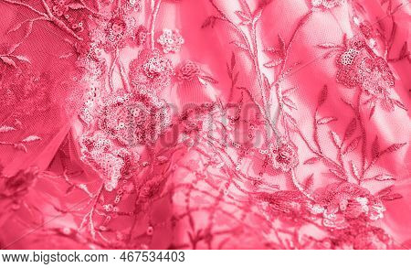 Trendy Color Of The Year 2023 Viva Magenta Fabric Background. Sample Of Using Color Of The 2023 In T