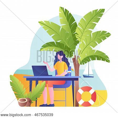 Work And Vacation. Young Girl Sitting At Laptop With Wine On Beach. Remote Worker And Freelancer, Co