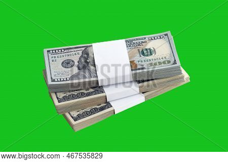 Bundle Of Us Dollar Bills Isolated On Chroma Keyer Green. Pack Of American Money With High Resolutio