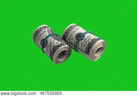 Bundle Of Us Dollar Bills Isolated On Chroma Keyer Green. Pack Of American Money With High Resolutio