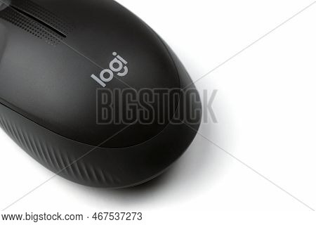Kharkiv, Ukraine - March 5, 2021: Logitech Wireless Mouse On White Background. Logitech Is A Swiss M