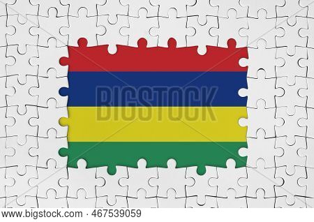 Mauritius Flag In Frame Of White Puzzle Pieces With Missing Central Parts