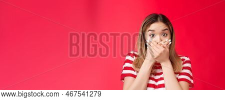 Close-up Shocked Asian Woman Gasping Speechless Press Hands Lips Raise Eyebrows Impressed Stunned, S