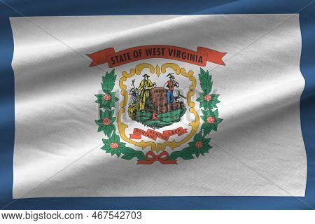 West Virginia Us State Flag With Big Folds Waving Close Up Under The Studio Light Indoors. The Offic
