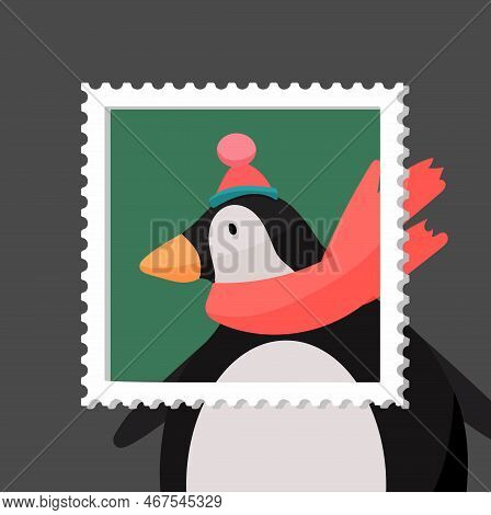 Merry Christmas Postage Stmap Penguin Greeting Card Template. Winter Holidays